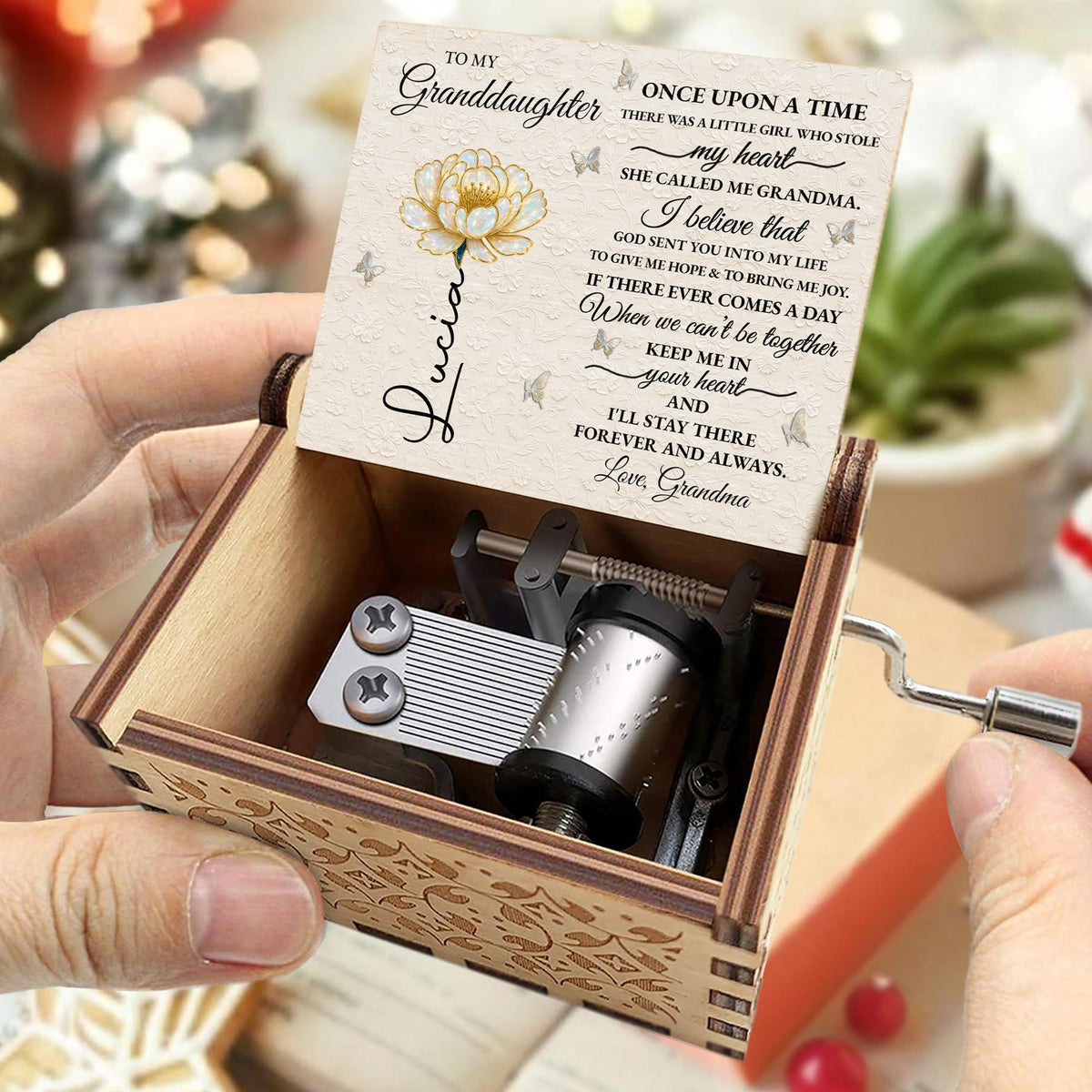 Custom "To My Granddaughter" Wooden Music Box - Personalized Vintage Keepsake Gift for Granddaughters, Girls - Birthday, Christmas Present - 5