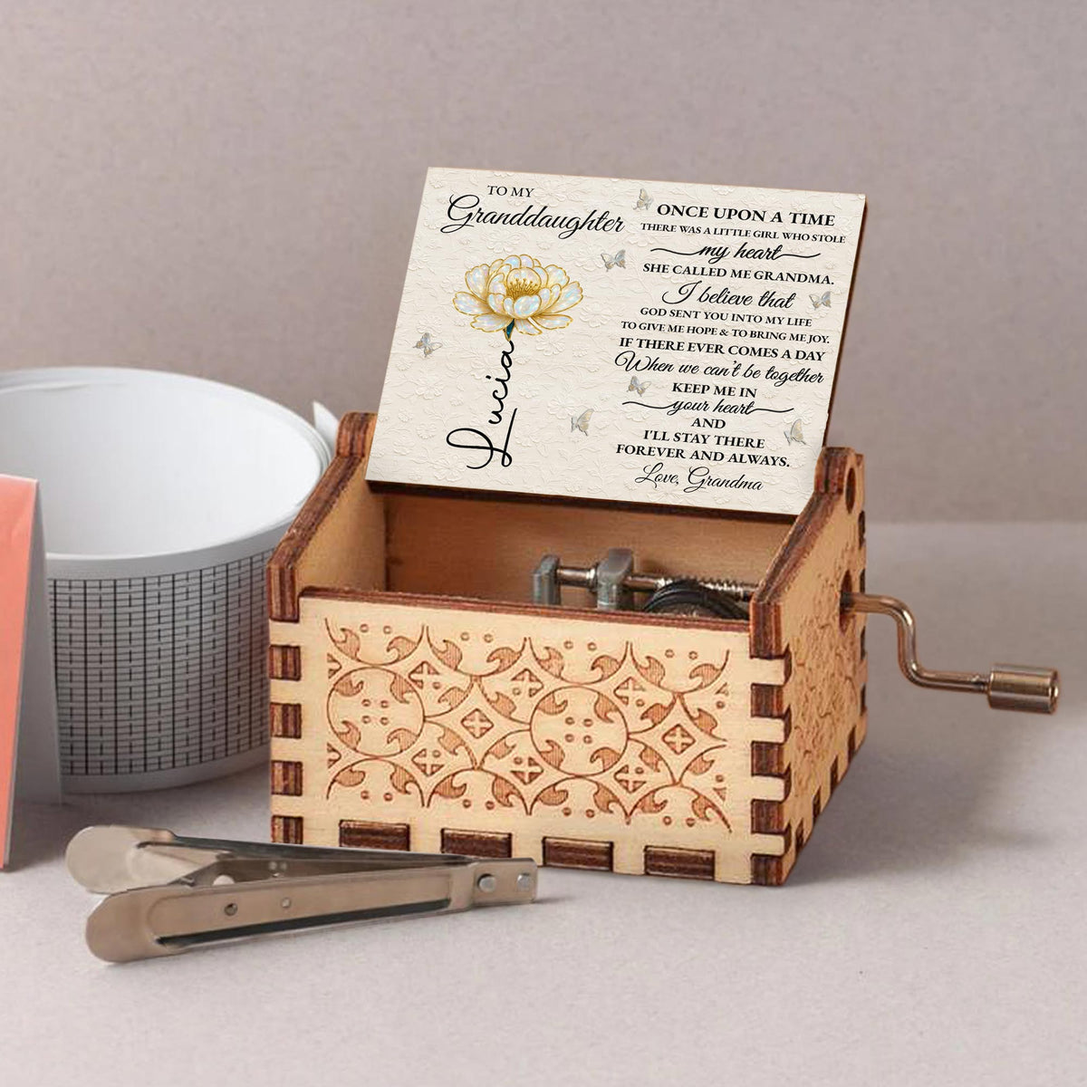 Custom "To My Granddaughter" Wooden Music Box - Personalized Vintage Keepsake Gift for Granddaughters, Girls - Birthday, Christmas Present - 8