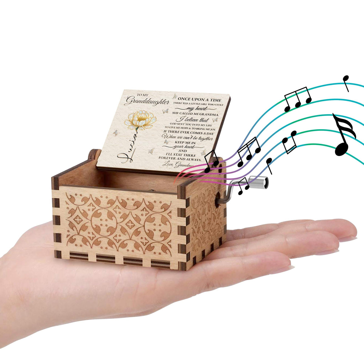 Custom "To My Granddaughter" Wooden Music Box - Personalized Vintage Keepsake Gift for Granddaughters, Girls - Birthday, Christmas Present - 9