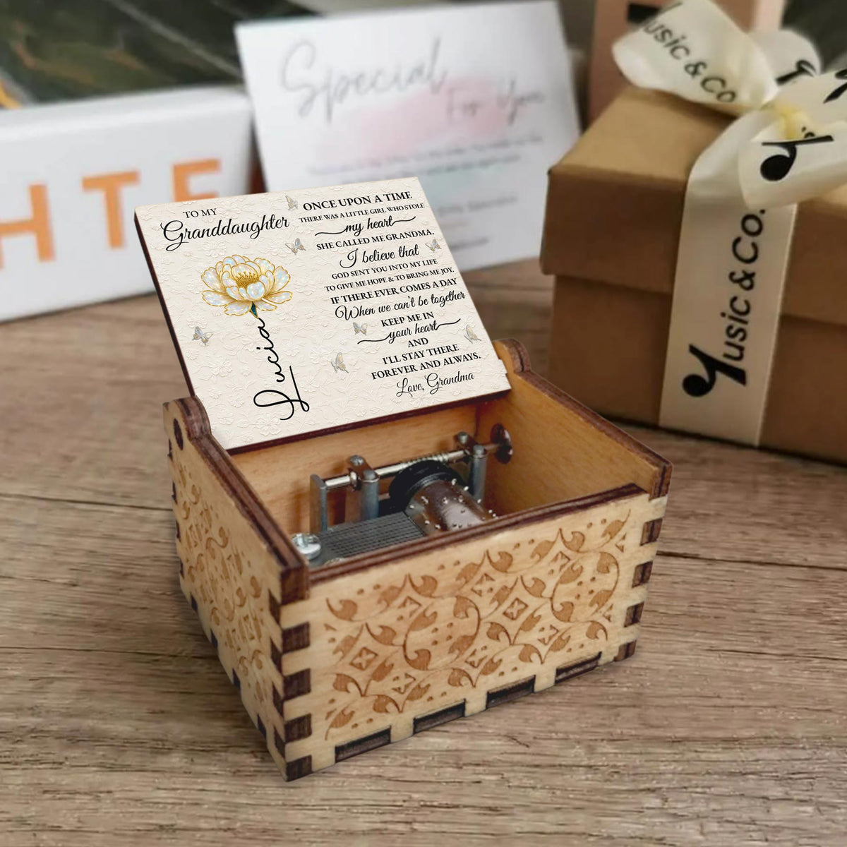 Custom "To My Granddaughter" Wooden Music Box - Personalized Vintage Keepsake Gift for Granddaughters, Girls - Birthday, Christmas Present - 10