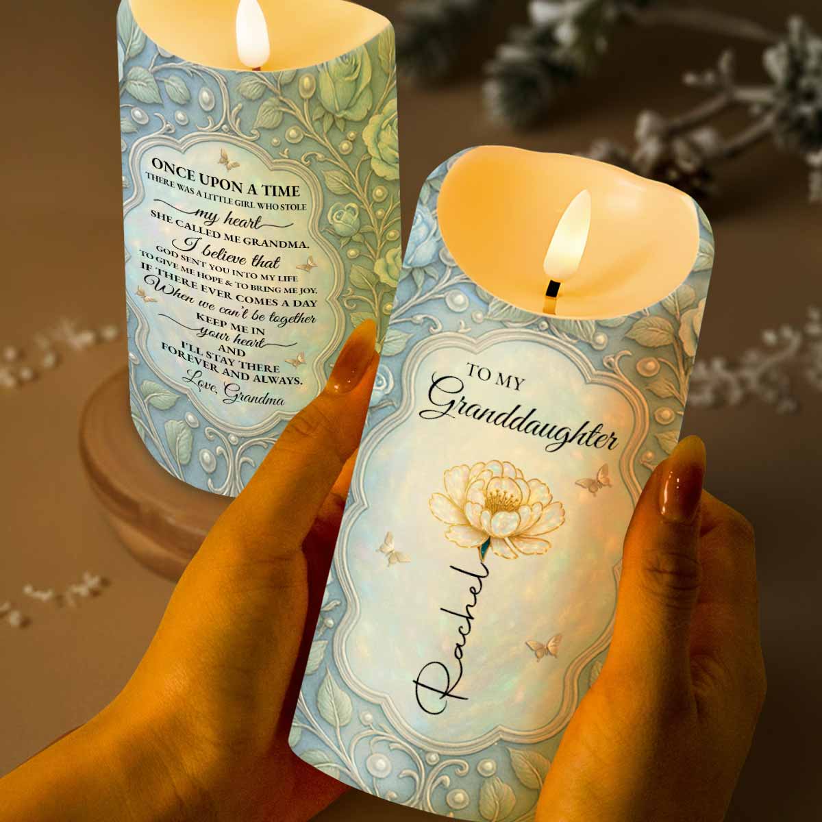 Custom "To My Granddaughter" LED Flameless Candle - Personalized Flower & Butterfly Night Light - Birthday Gift for Granddaughters - 2