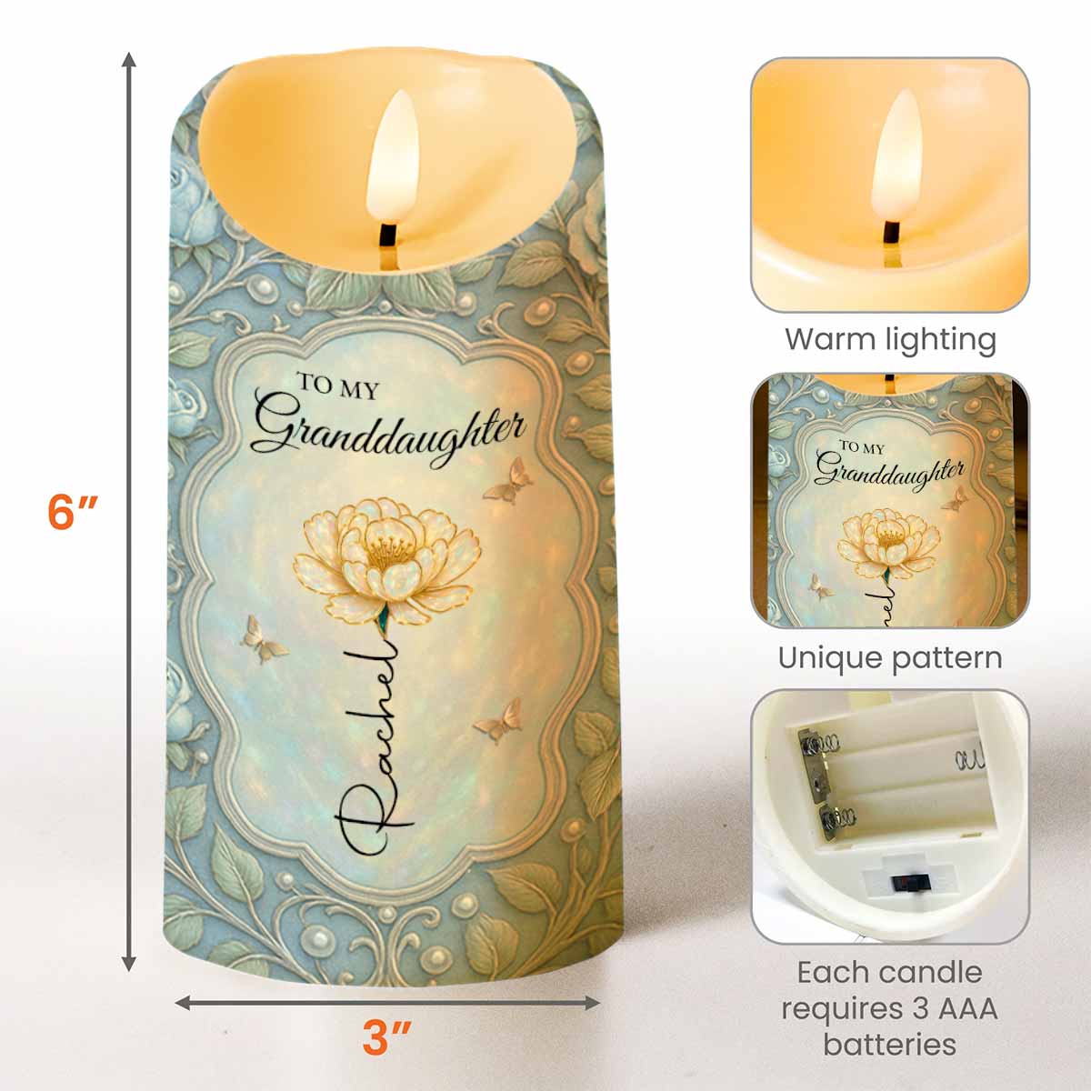 Custom "To My Granddaughter" LED Flameless Candle - Personalized Flower & Butterfly Night Light - Birthday Gift for Granddaughters - 4