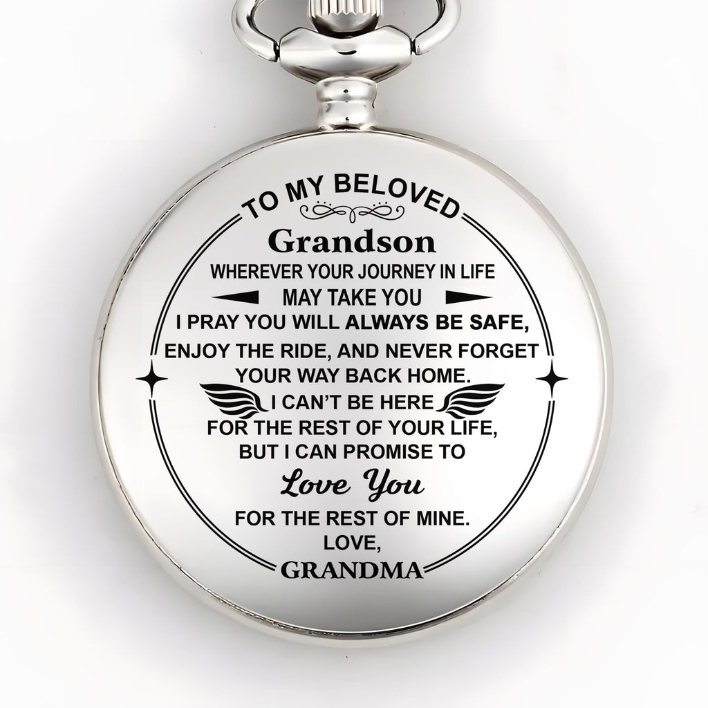 Personalized "To My Beloved Grandson" Silver Pocket Watch - Custom Engraved Quartz Watch with Chain - Graduation, Birthday Gift for Him - 10