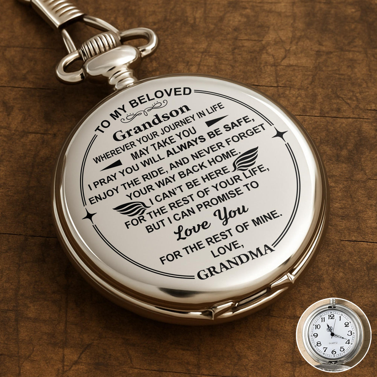 Personalized "To My Beloved Grandson" Silver Pocket Watch - Custom Engraved Quartz Watch with Chain - Graduation, Birthday Gift for Him - 1