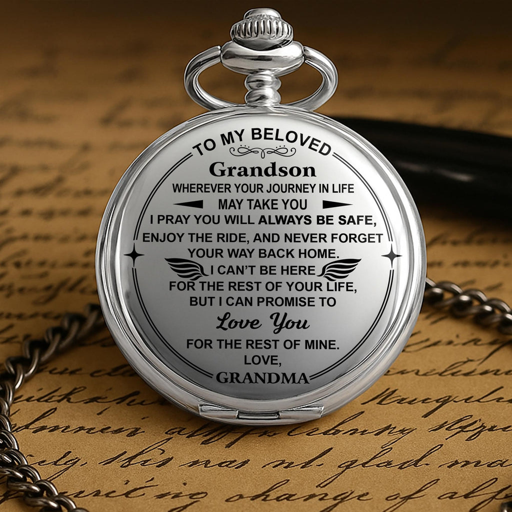 Personalized "To My Beloved Grandson" Silver Pocket Watch - Custom Engraved Quartz Watch with Chain - Graduation, Birthday Gift for Him - 2