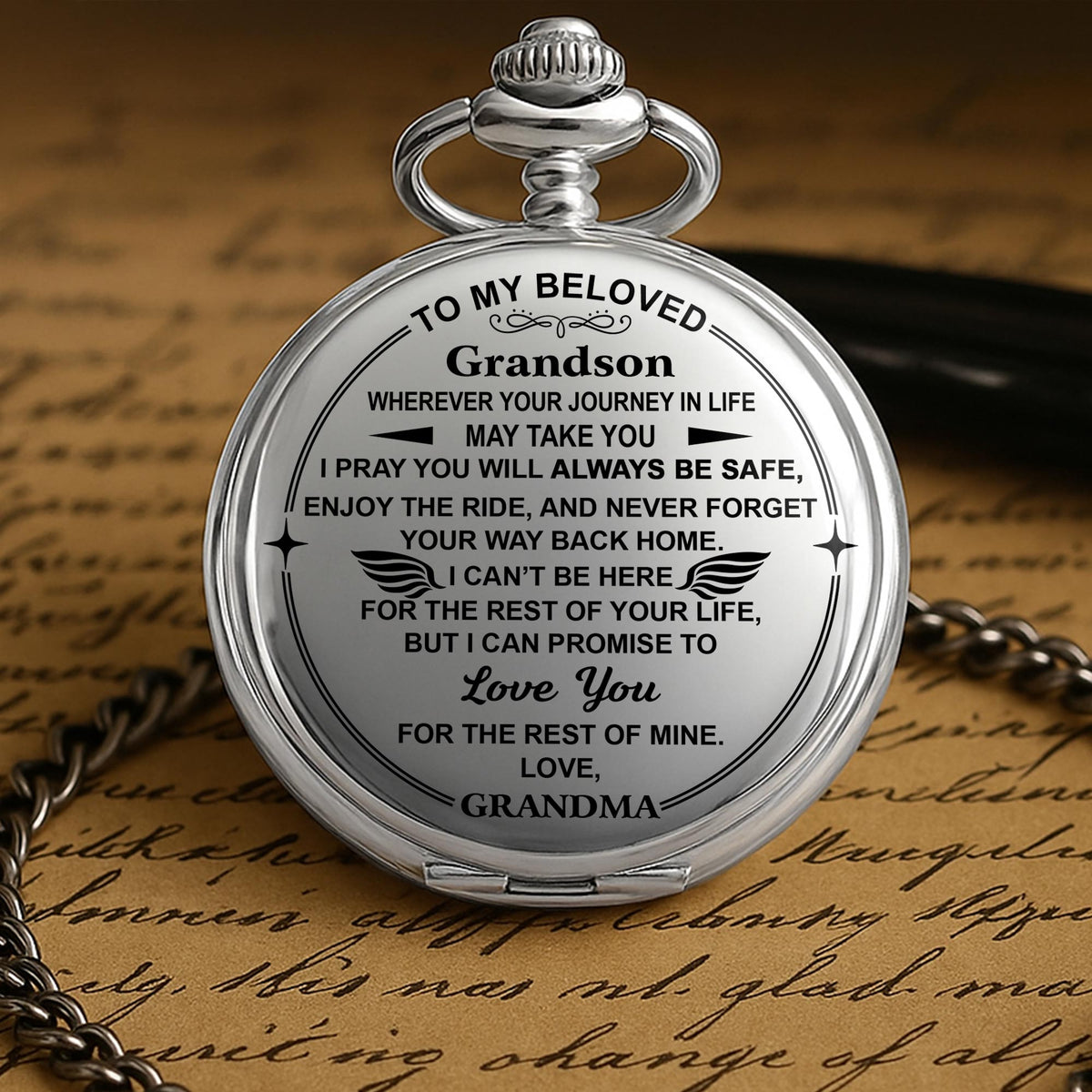 Personalized "To My Beloved Grandson" Silver Pocket Watch - Custom Engraved Quartz Watch with Chain - Graduation, Birthday Gift for Him - 2