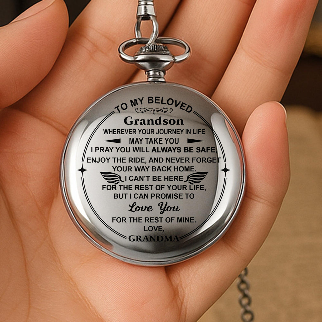Personalized "To My Beloved Grandson" Silver Pocket Watch - Custom Engraved Quartz Watch with Chain - Graduation, Birthday Gift for Him - 3
