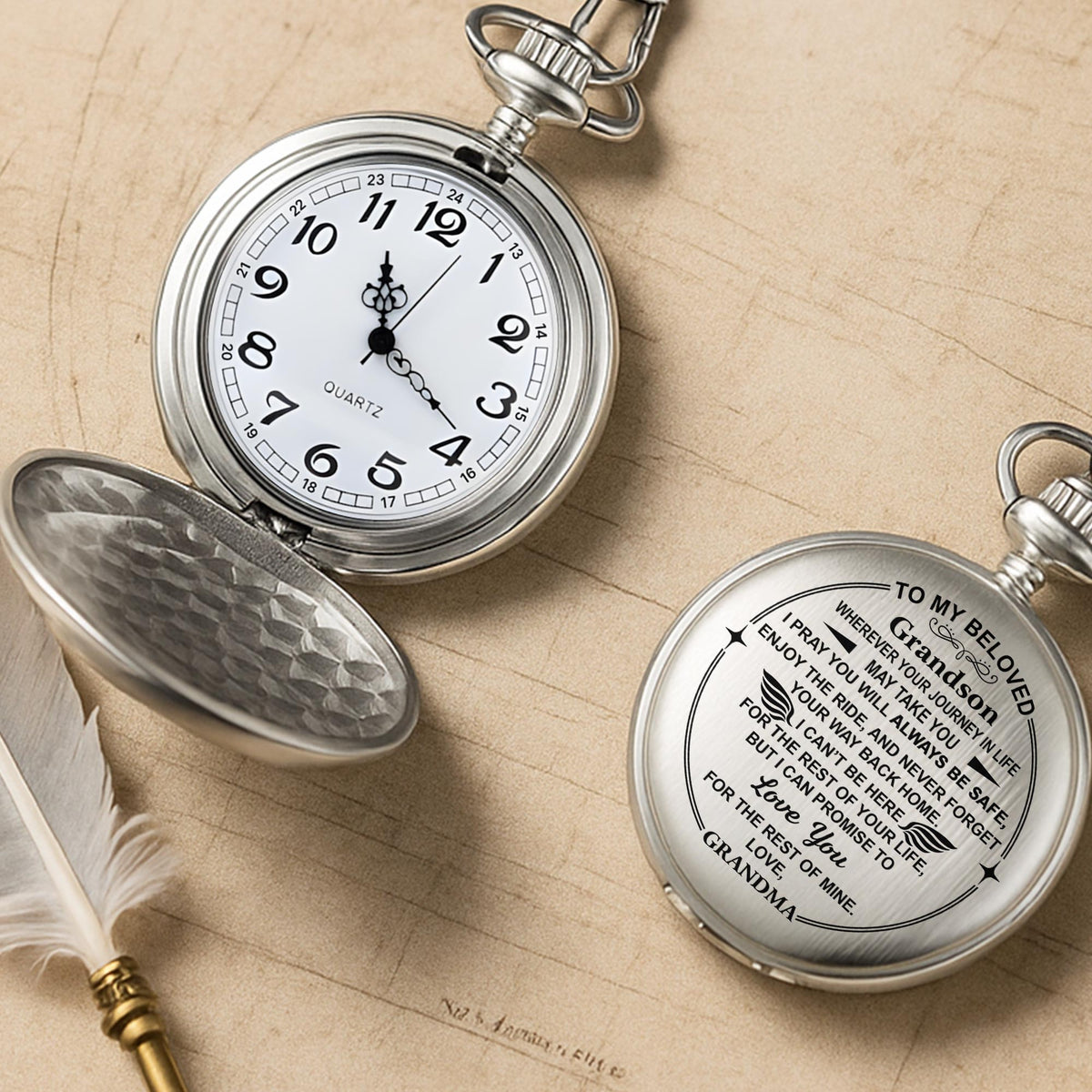 Personalized "To My Beloved Grandson" Silver Pocket Watch - Custom Engraved Quartz Watch with Chain - Graduation, Birthday Gift for Him - 6