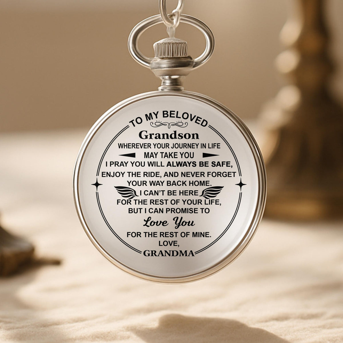 Personalized "To My Beloved Grandson" Silver Pocket Watch - Custom Engraved Quartz Watch with Chain - Graduation, Birthday Gift for Him - 7