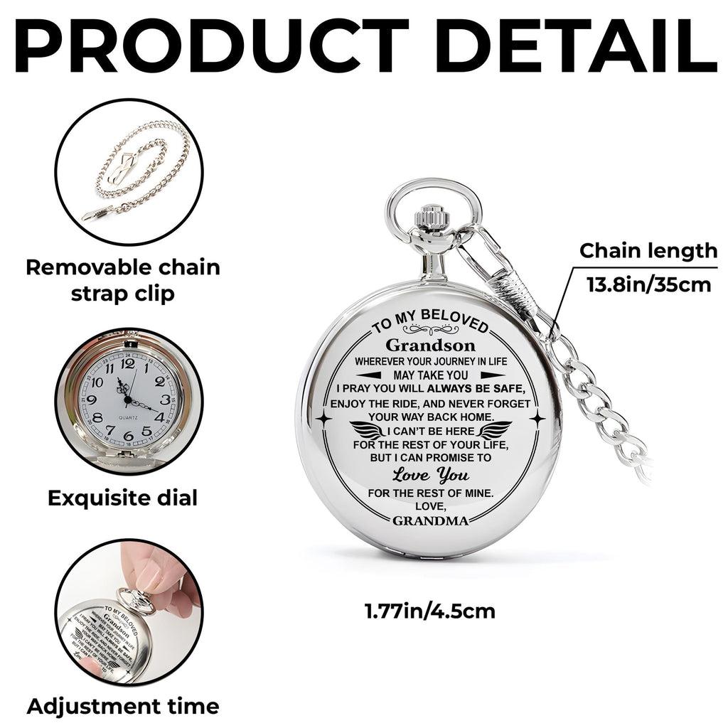 Personalized "To My Beloved Grandson" Silver Pocket Watch - Custom Engraved Quartz Watch with Chain - Graduation, Birthday Gift for Him - 4