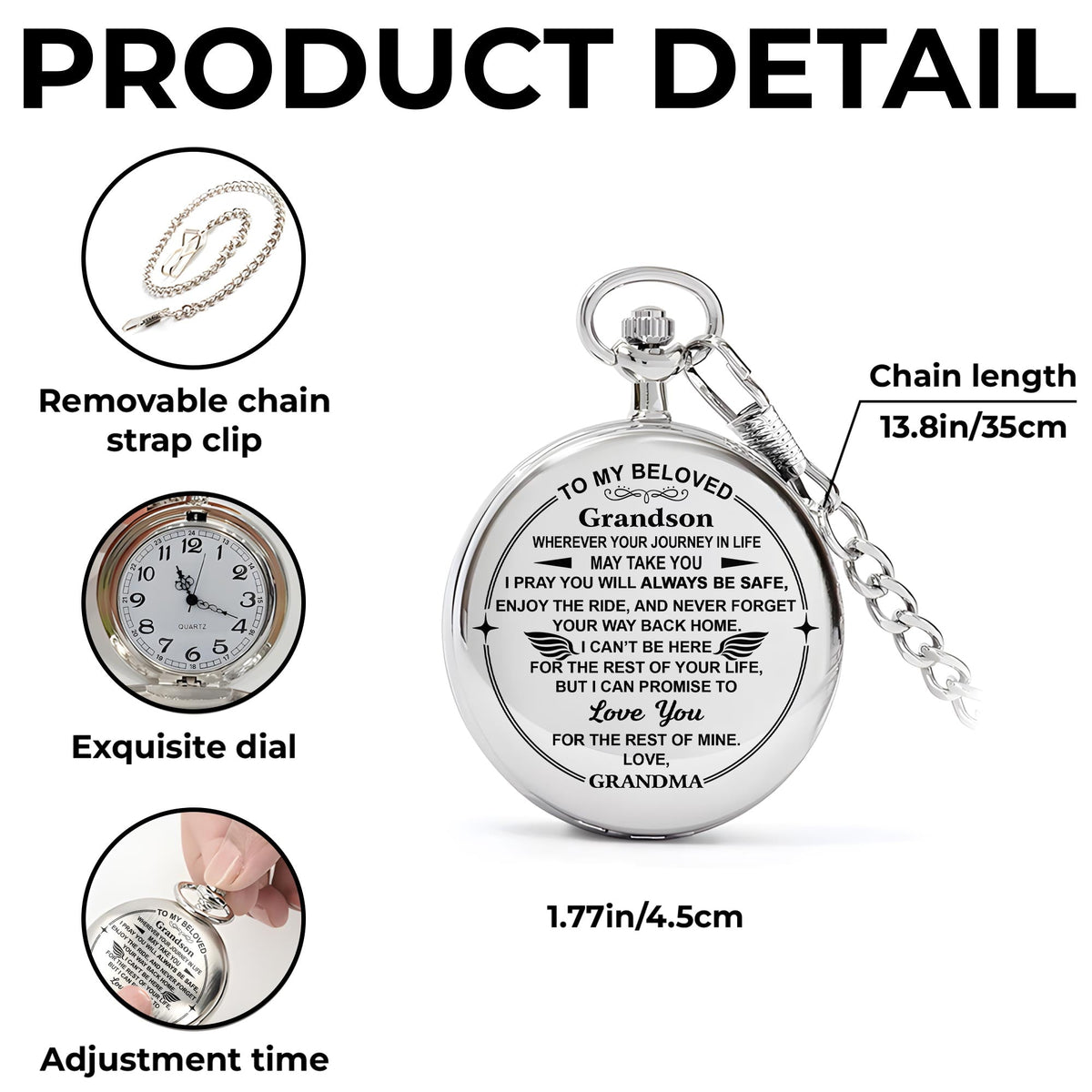 Personalized "To My Beloved Grandson" Silver Pocket Watch - Custom Engraved Quartz Watch with Chain - Graduation, Birthday Gift for Him - 4