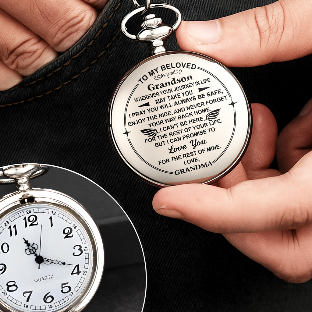 Personalized "To My Beloved Grandson" Silver Pocket Watch - Custom Engraved Quartz Watch with Chain - Graduation, Birthday Gift for Him - 5