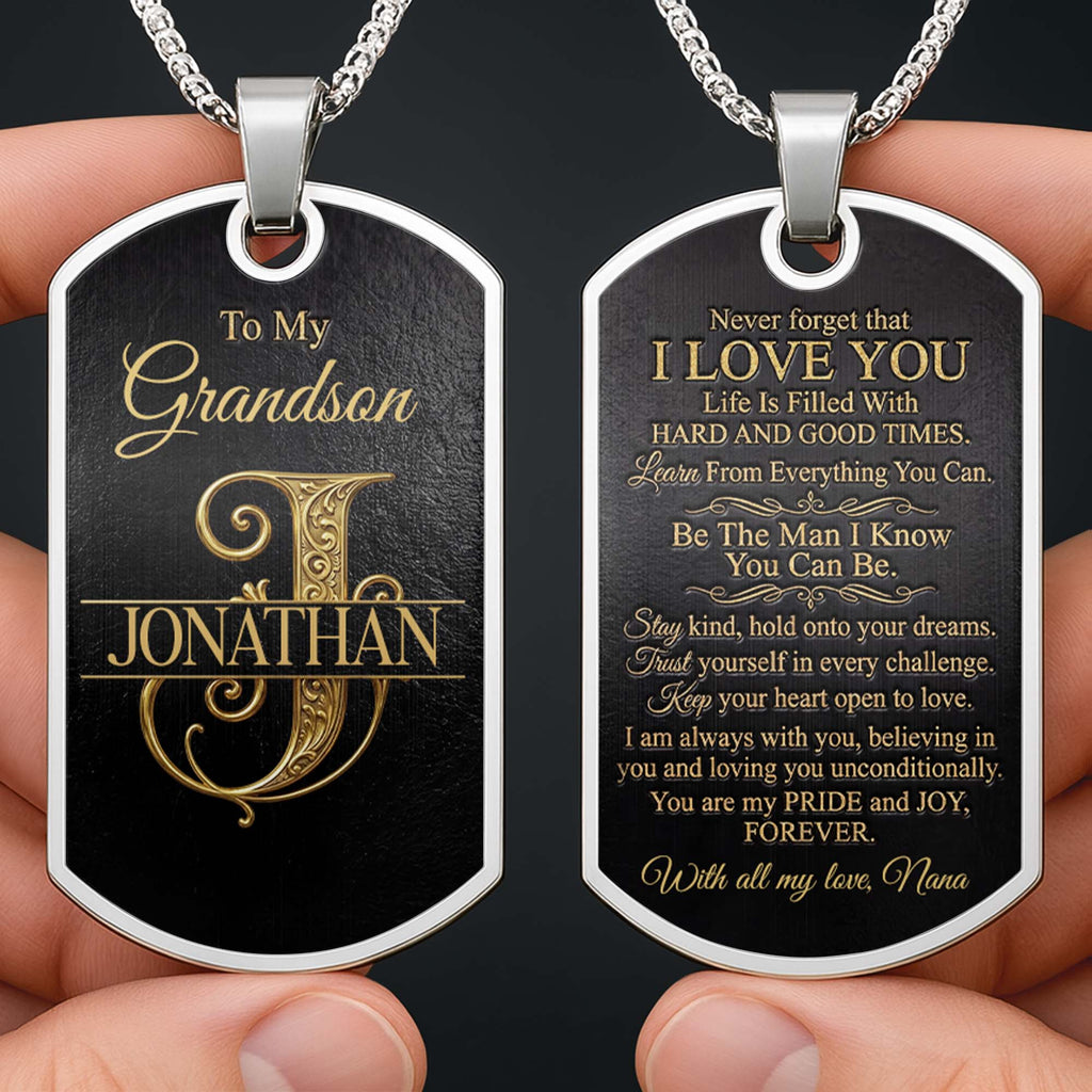Personalized "To My Grandson" Dog Tag Necklace - Custom Stainless Steel Military Pendant Jewelry - Graduation, Birthday Gift for Grandson - 1