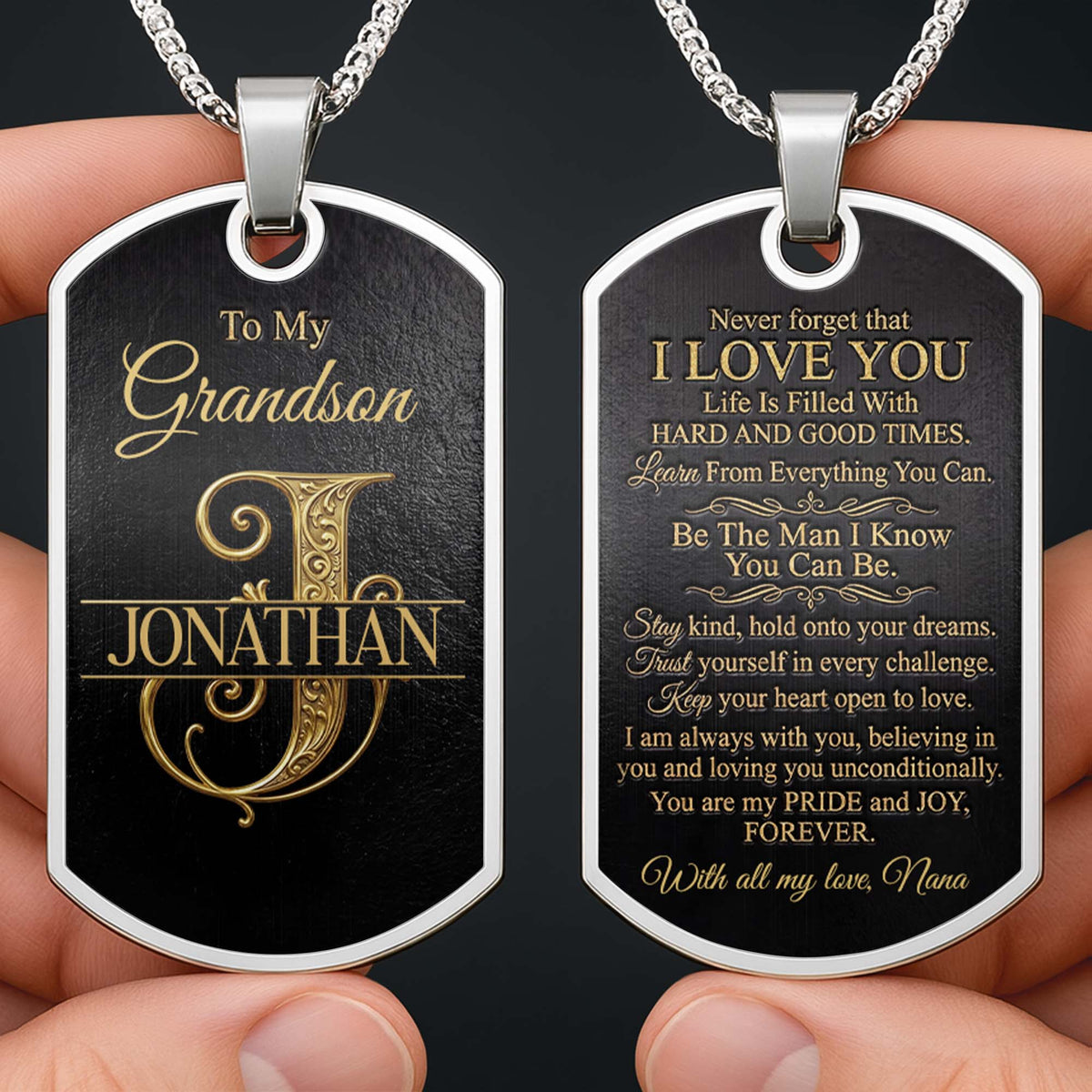 Personalized "To My Grandson" Dog Tag Necklace - Custom Stainless Steel Military Pendant Jewelry - Graduation, Birthday Gift for Grandson - 1
