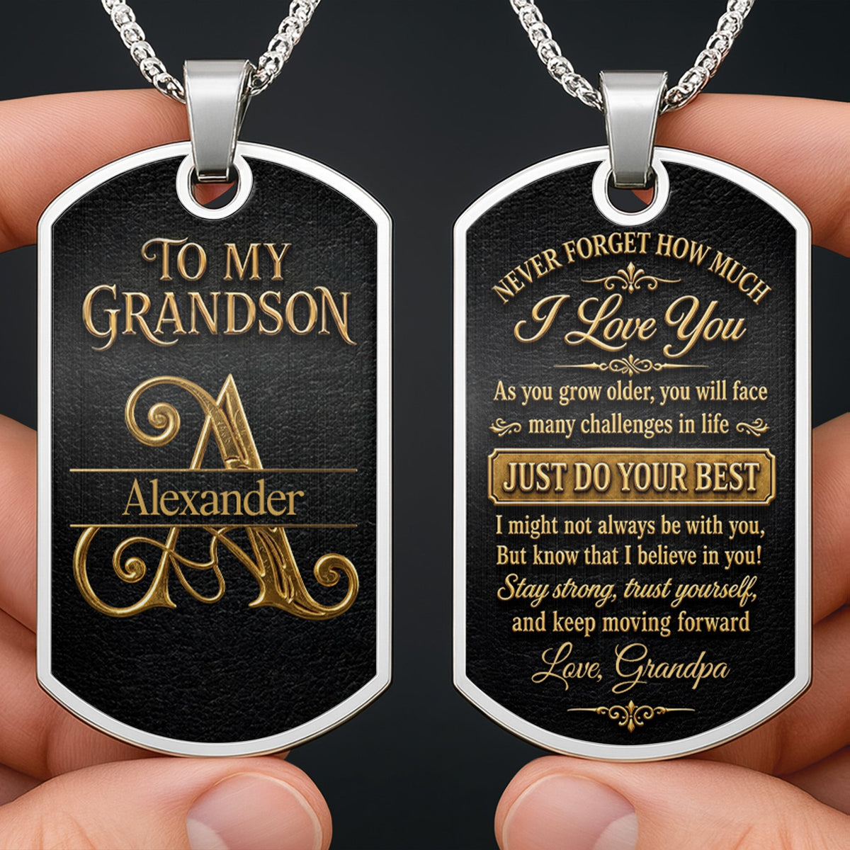 Custom "To My Grandson" Dog Tag Necklace - Personalized Stainless Steel Military Pendant - Graduation, Birthday Jewelry Gift for Grandson - 1