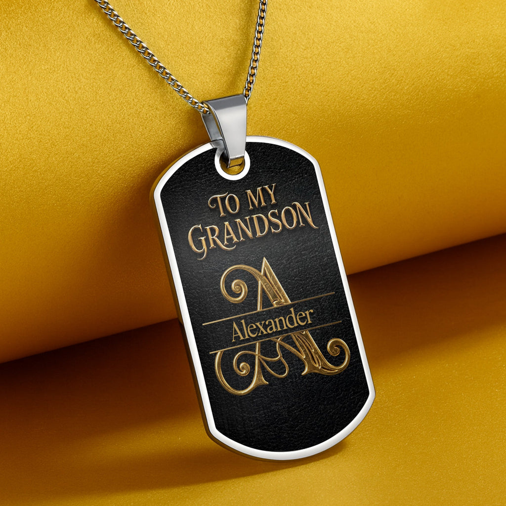 Custom "To My Grandson" Dog Tag Necklace - Personalized Stainless Steel Military Pendant - Graduation, Birthday Jewelry Gift for Grandson - 7