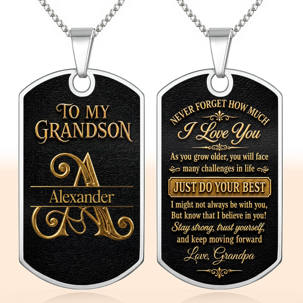 Custom "To My Grandson" Dog Tag Necklace - Personalized Stainless Steel Military Pendant - Graduation, Birthday Jewelry Gift for Grandson - 9