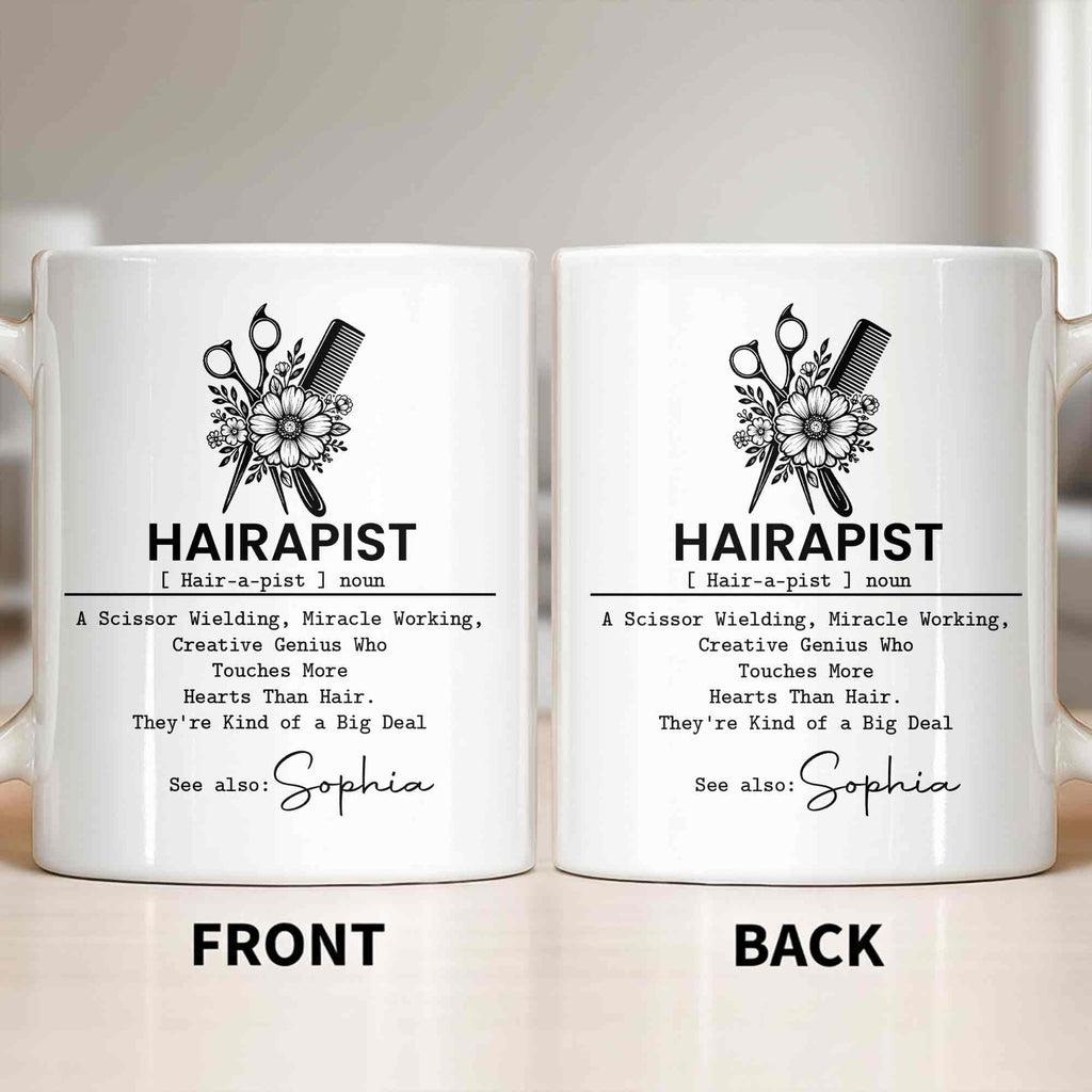 Personalized "Hairapist Miracle Worker" Coffee Mug - Custom 11oz Ceramic Cup - Funny Gift for Hair Stylists, Hairdressers, Cosmetologists - 12