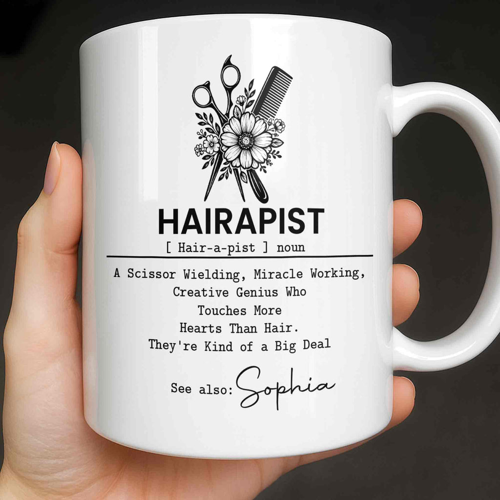 Personalized "Hairapist Miracle Worker" Coffee Mug - Custom 11oz Ceramic Cup - Funny Gift for Hair Stylists, Hairdressers, Cosmetologists - 1