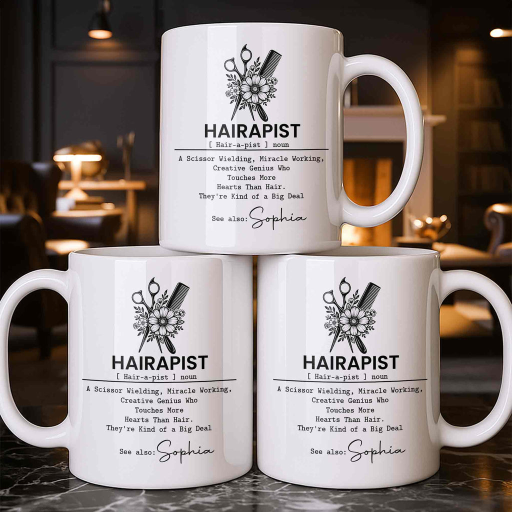 Personalized "Hairapist Miracle Worker" Coffee Mug - Custom 11oz Ceramic Cup - Funny Gift for Hair Stylists, Hairdressers, Cosmetologists - 8
