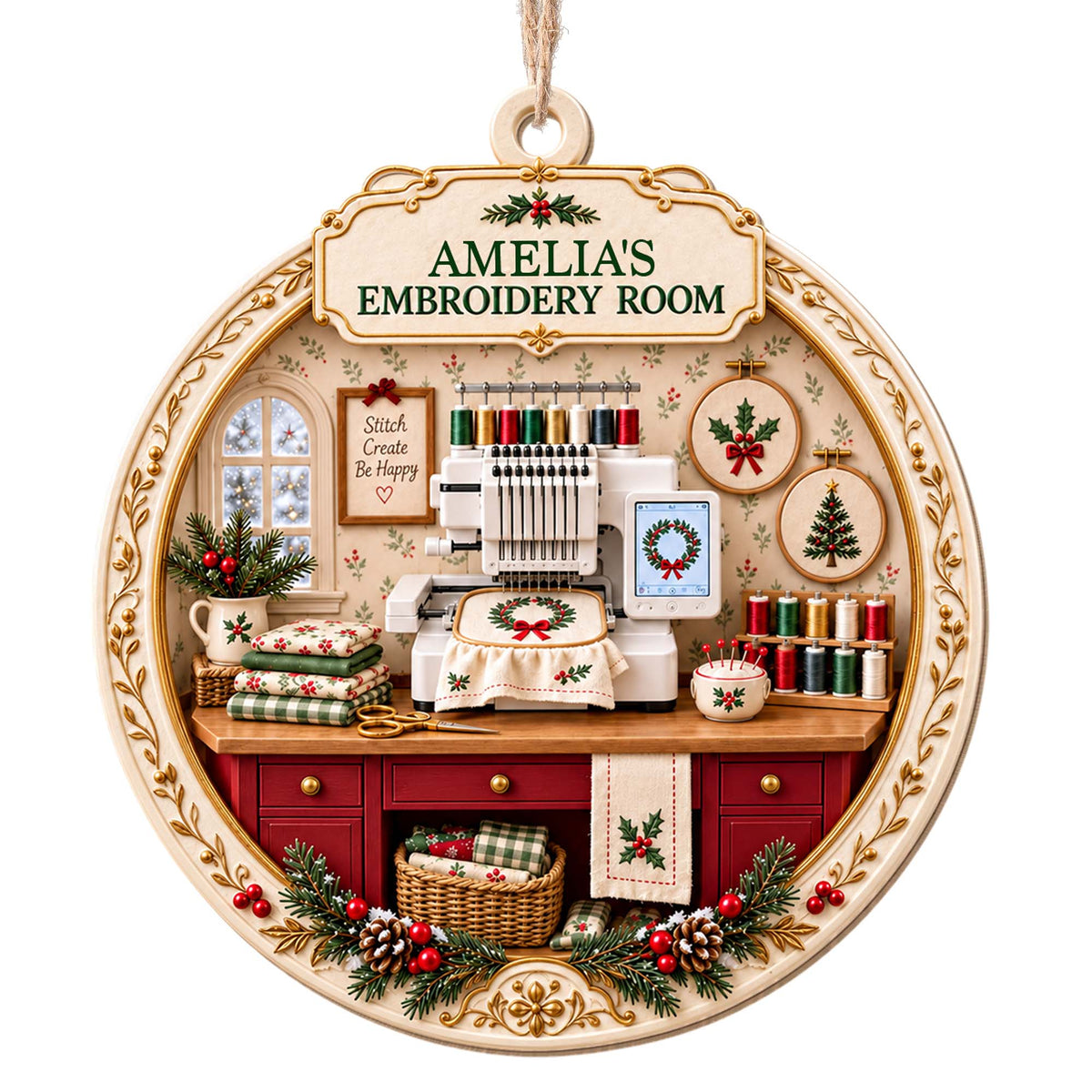 My Embroidery Room, Personalized Custom Wood Ornament, Gift For Crafters - 13
