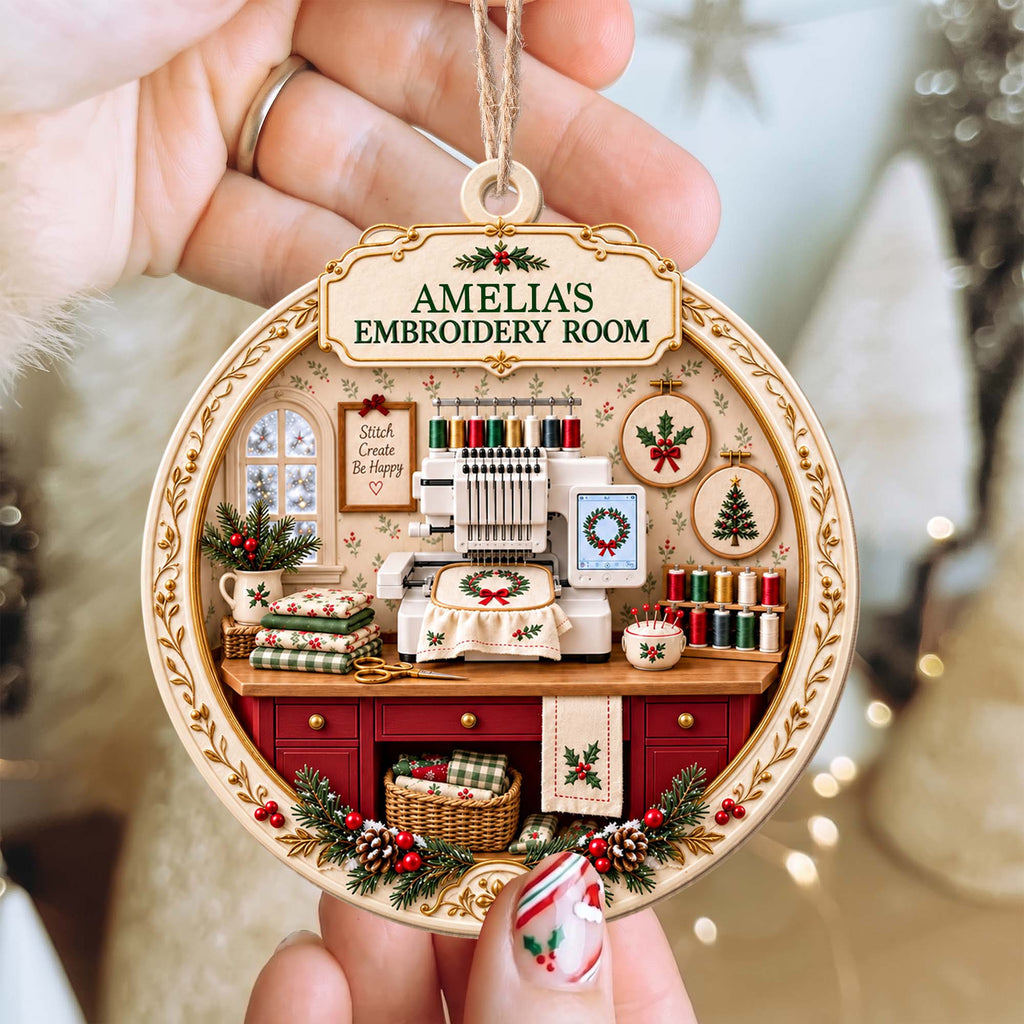 My Embroidery Room, Personalized Custom Wood Ornament, Gift For Crafters - 6