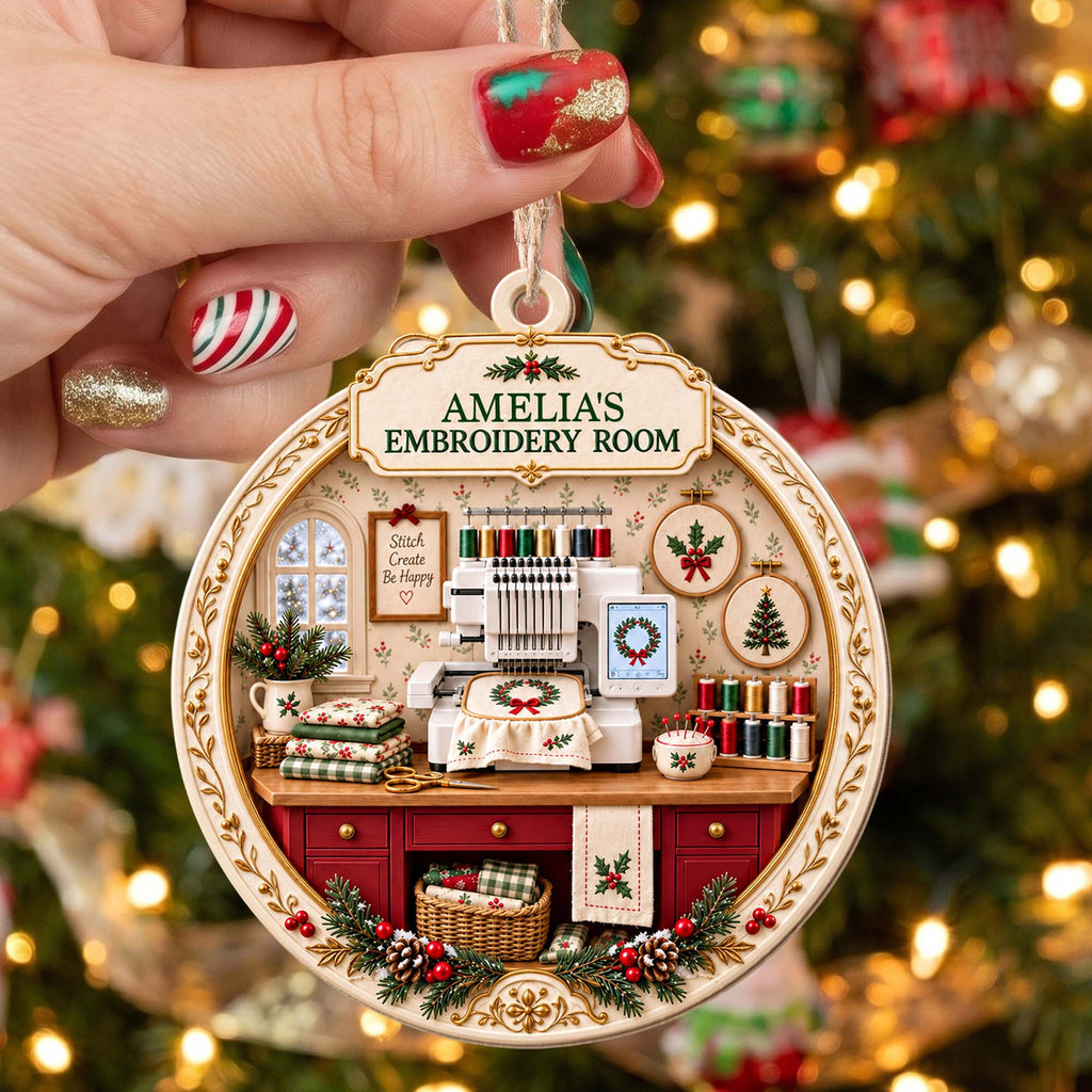 My Embroidery Room, Personalized Custom Wood Ornament, Gift For Crafters - 11