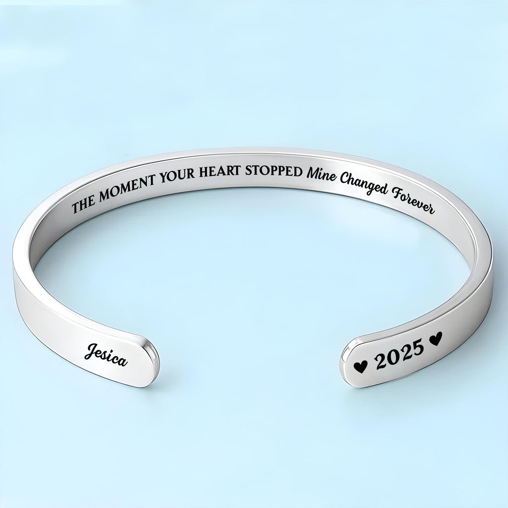 Personalized "The Moment Your Heart Stopped" Cuff Bracelet - Custom Heart Memorial Jewelry - Sympathy, Grief Bereavement Gift for Women - 10
