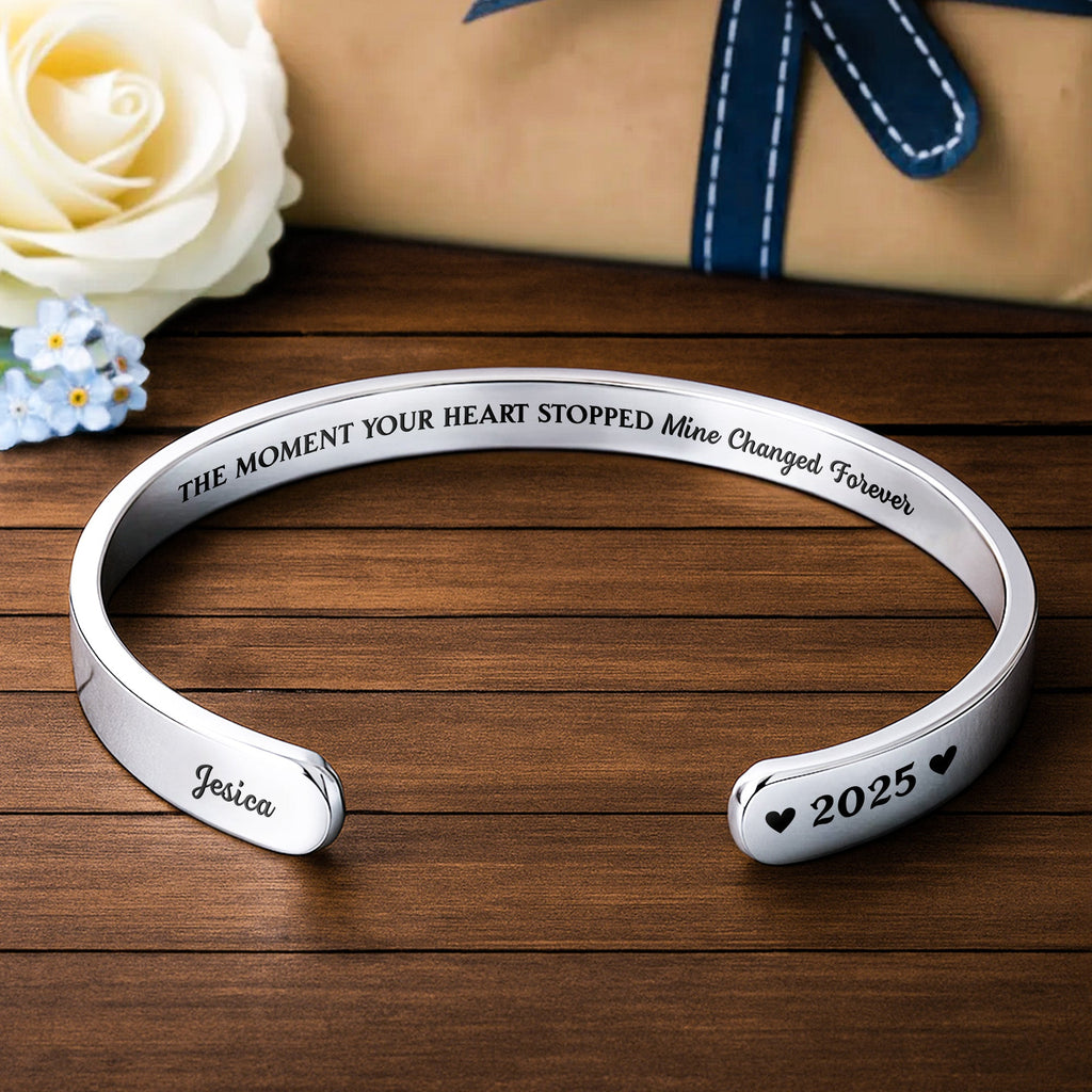 Personalized "The Moment Your Heart Stopped" Cuff Bracelet - Custom Heart Memorial Jewelry - Sympathy, Grief Bereavement Gift for Women - 1