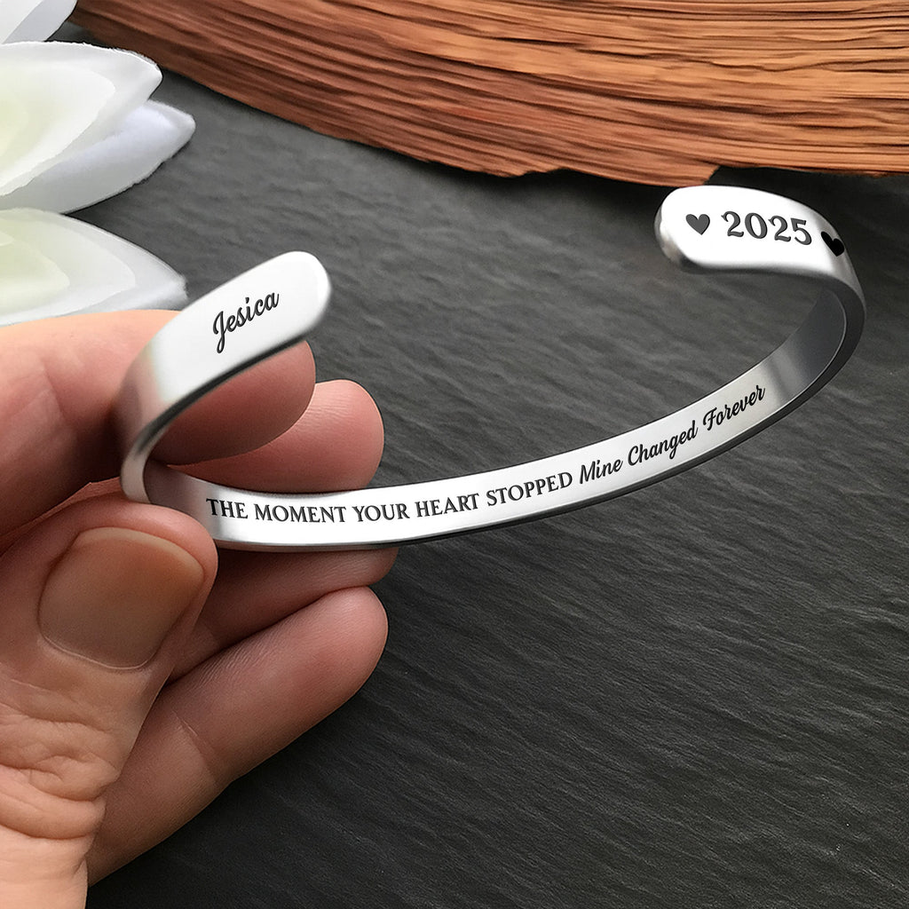 Personalized "The Moment Your Heart Stopped" Cuff Bracelet - Custom Heart Memorial Jewelry - Sympathy, Grief Bereavement Gift for Women - 6