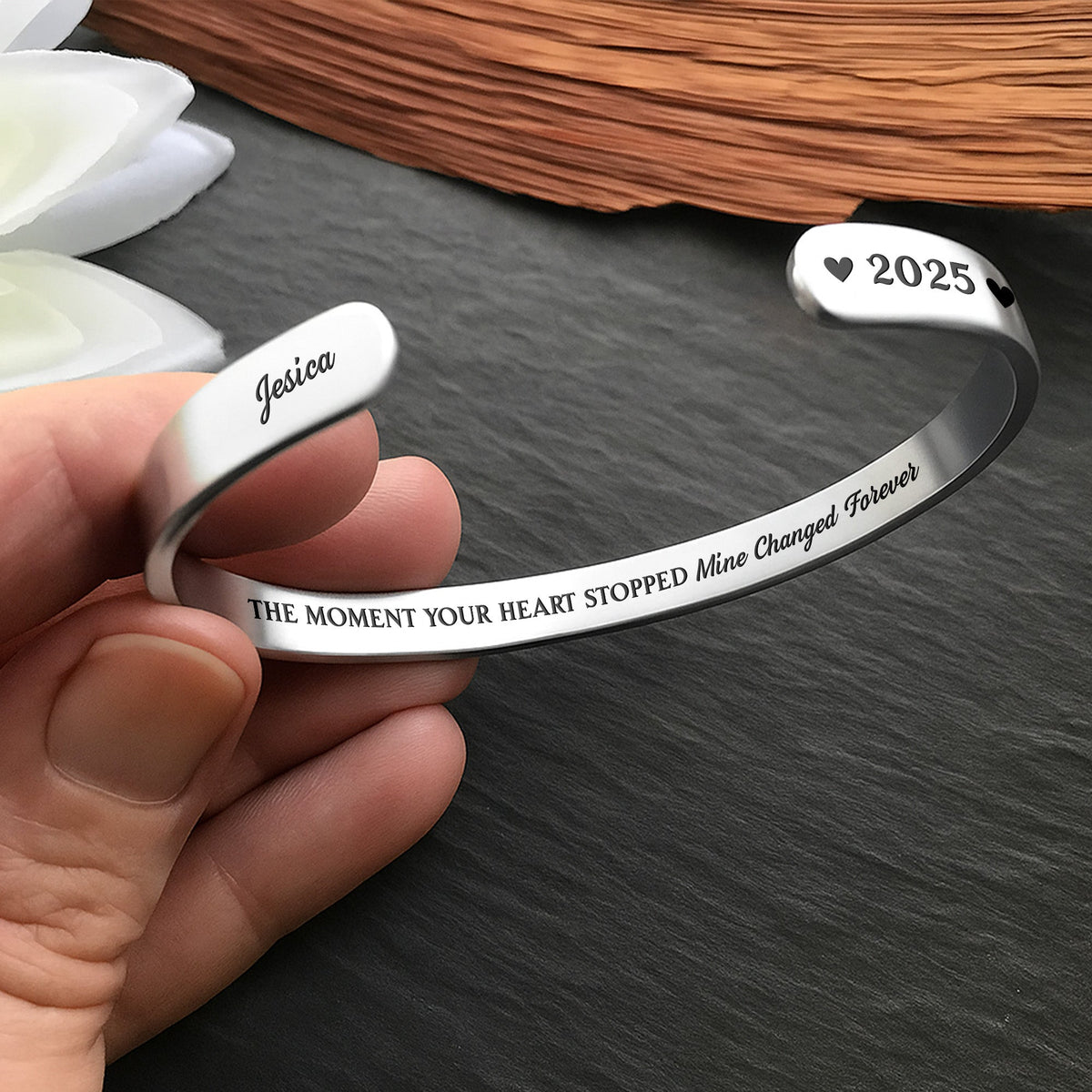 Personalized "The Moment Your Heart Stopped" Cuff Bracelet - Custom Heart Memorial Jewelry - Sympathy, Grief Bereavement Gift for Women - 6