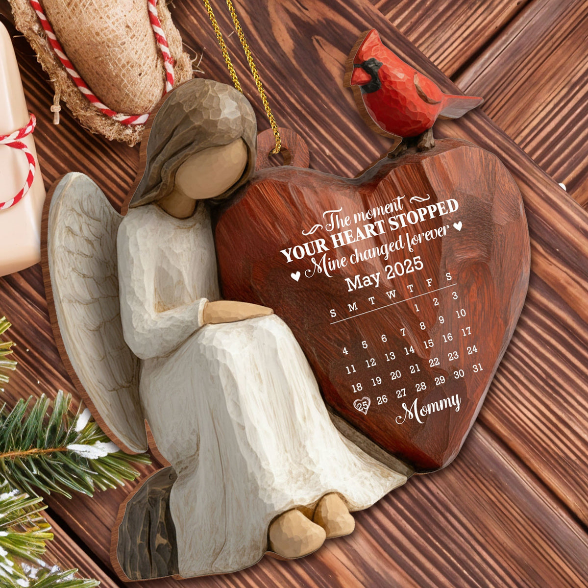 Custom "The Moment Your Heart Stopped" Wood Ornament - Angel Holding Heart Memorial Tree Decor - Sympathy, Grief Remembrance Gift - 1
