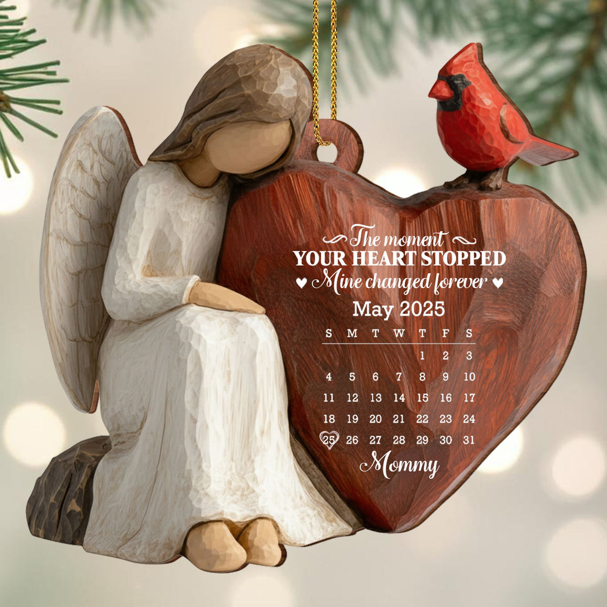Custom "The Moment Your Heart Stopped" Wood Ornament - Angel Holding Heart Memorial Tree Decor - Sympathy, Grief Remembrance Gift - 7