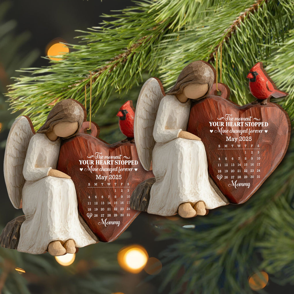 Custom "The Moment Your Heart Stopped" Wood Ornament - Angel Holding Heart Memorial Tree Decor - Sympathy, Grief Remembrance Gift - 4