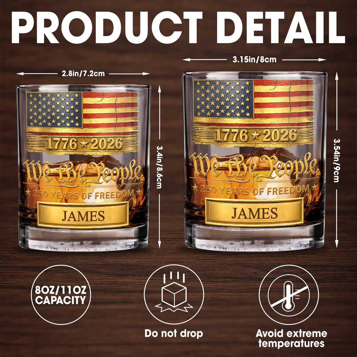 Custom "We the People 250 Years of Freedom" Whiskey Glass - Personalized 11oz Patriotic Rocks Cup - Independence Day Gift for Men - 4