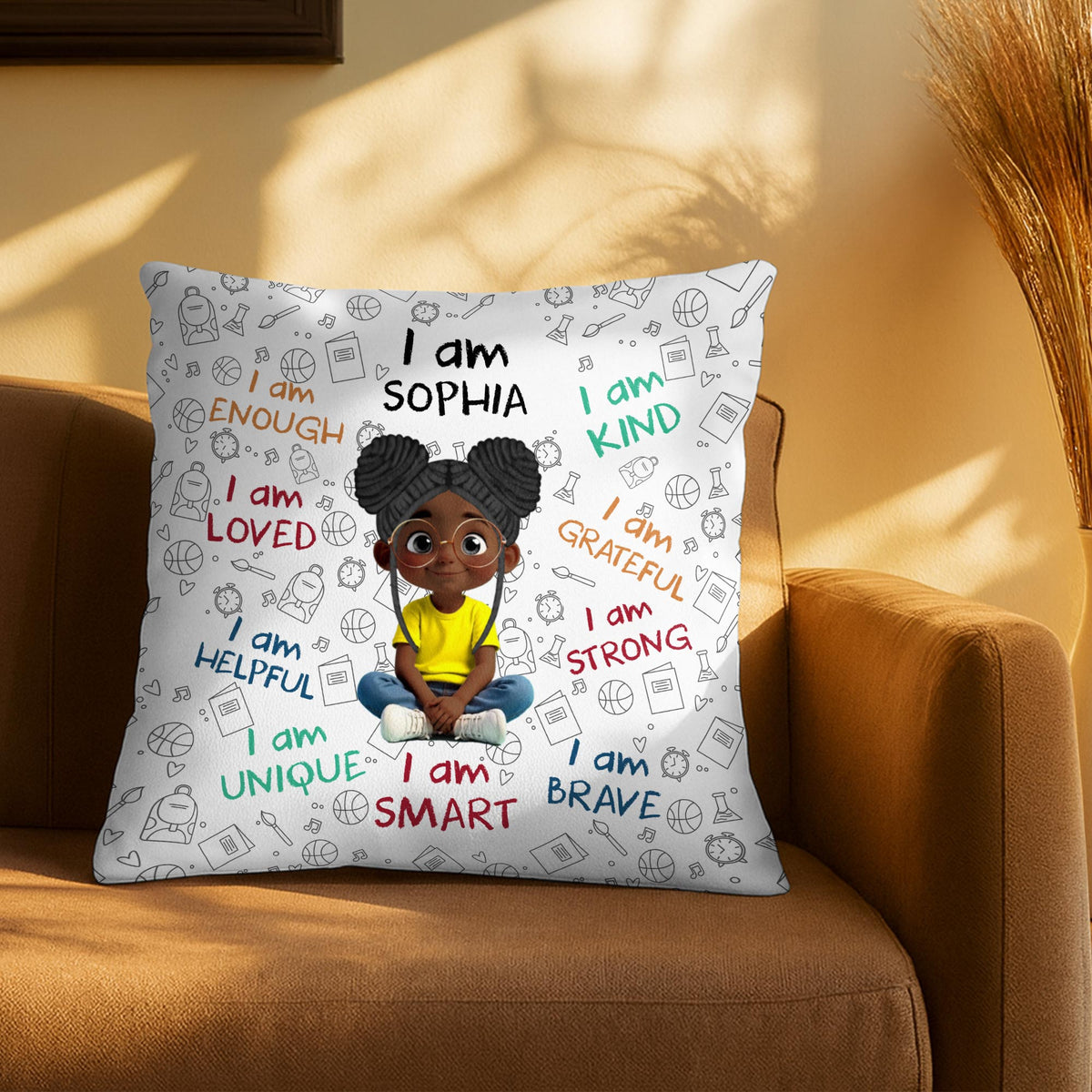 Personalized "I Am Enough, Loved, Brave" Pillow - Custom Cartoon Girl Affirmations Throw Pillow - Birthday Gift for Kids, Daughters - 7