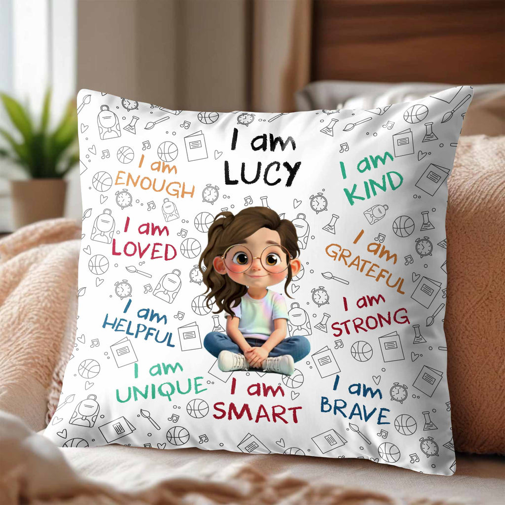 Personalized "I Am Enough, Loved, Brave" Pillow - Custom Cartoon Girl Affirmations Throw Pillow - Birthday Gift for Kids, Daughters - 5