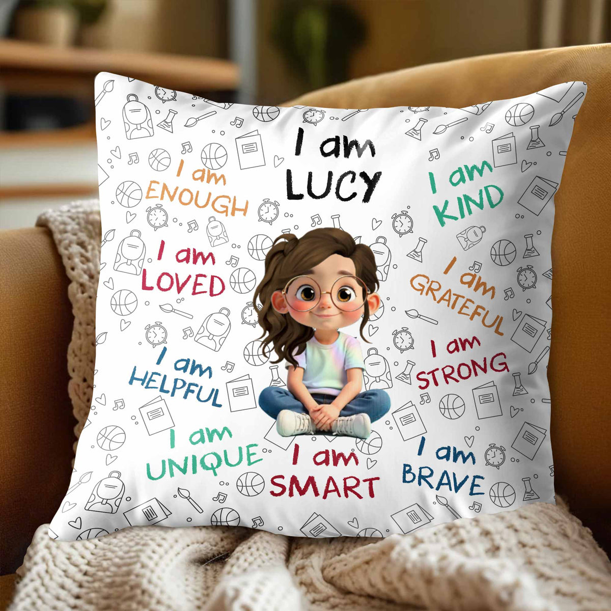 Personalized "I Am Enough, Loved, Brave" Pillow - Custom Cartoon Girl Affirmations Throw Pillow - Birthday Gift for Kids, Daughters - 3