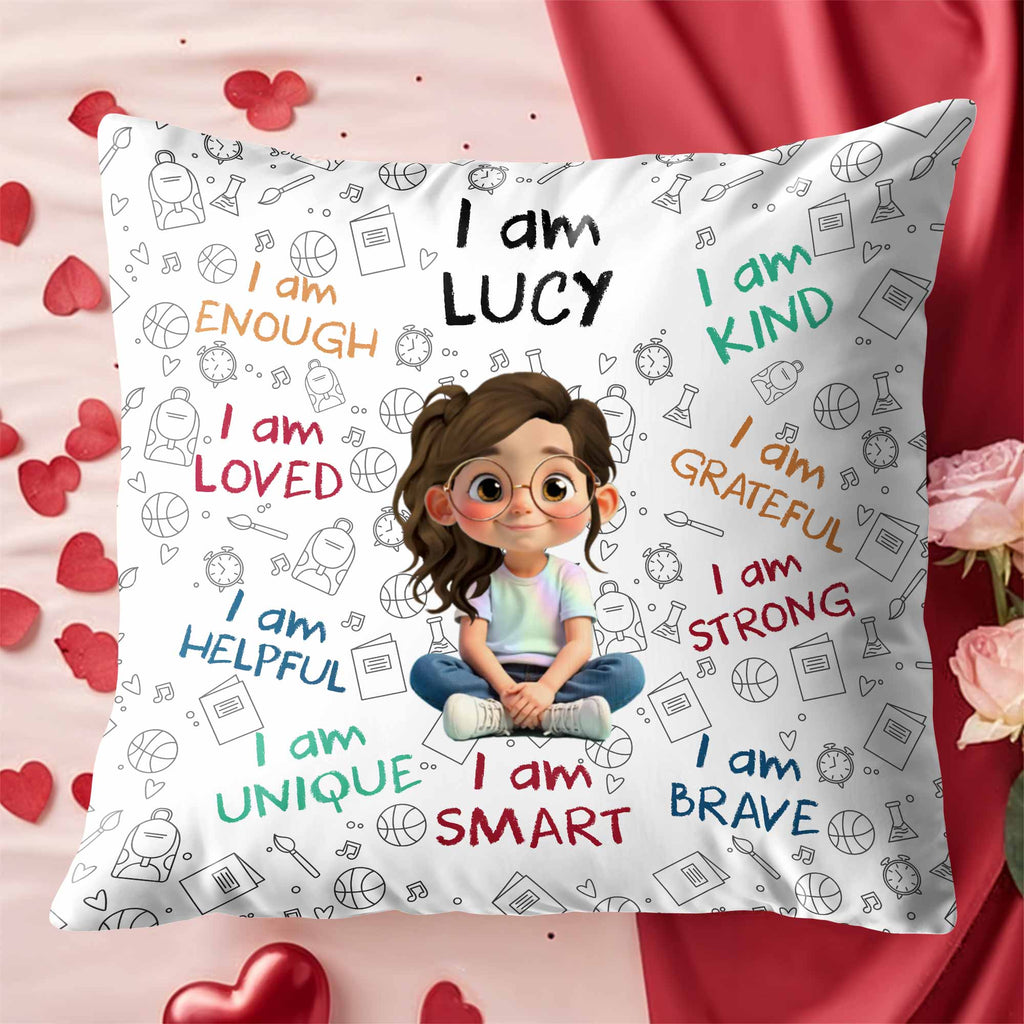 Personalized "I Am Enough, Loved, Brave" Pillow - Custom Cartoon Girl Affirmations Throw Pillow - Birthday Gift for Kids, Daughters - 4