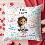 Personalized "I Am Enough, Loved, Brave" Pillow - Custom Cartoon Girl Affirmations Throw Pillow - Birthday Gift for Kids, Daughters - 4