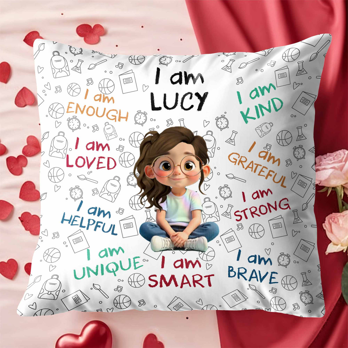 Personalized "I Am Enough, Loved, Brave" Pillow - Custom Cartoon Girl Affirmations Throw Pillow - Birthday Gift for Kids, Daughters - 4