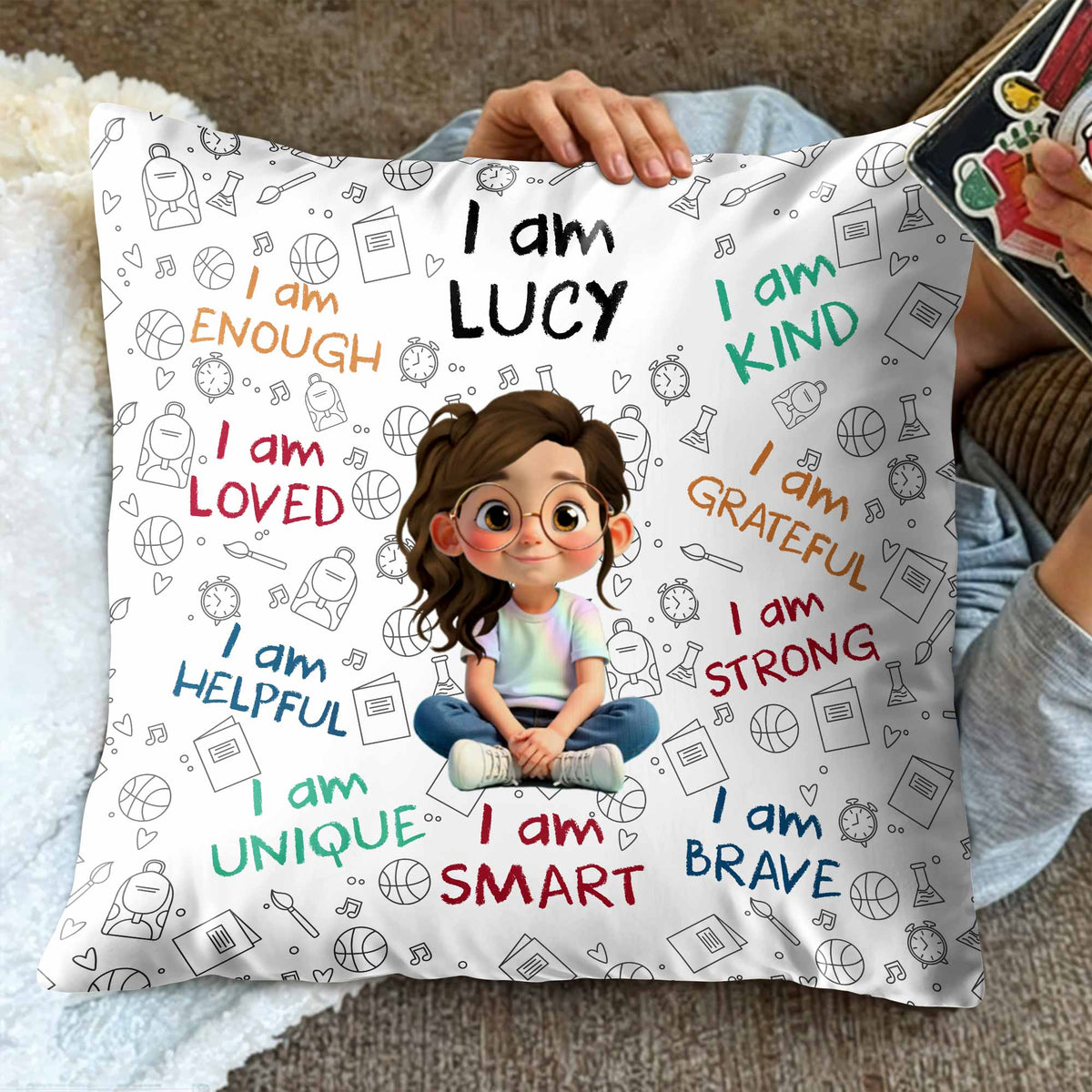 Personalized "I Am Enough, Loved, Brave" Pillow - Custom Cartoon Girl Affirmations Throw Pillow - Birthday Gift for Kids, Daughters - 2