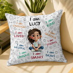 Personalized "I Am Enough, Loved, Brave" Pillow - Custom Cartoon Girl Affirmations Throw Pillow - Birthday Gift for Kids, Daughters - 10
