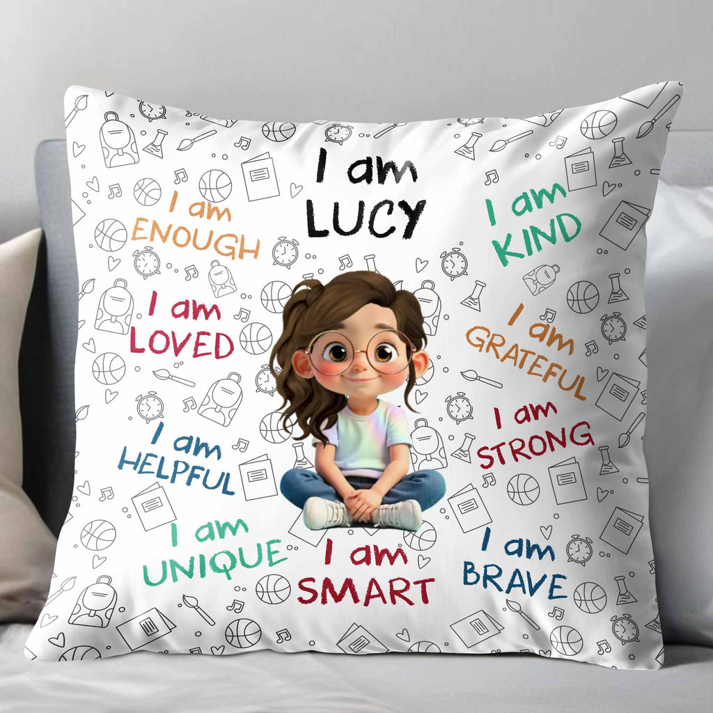 Personalized "I Am Enough, Loved, Brave" Pillow - Custom Cartoon Girl Affirmations Throw Pillow - Birthday Gift for Kids, Daughters - 1