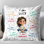 Personalized "I Am Enough, Loved, Brave" Pillow - Custom Cartoon Girl Affirmations Throw Pillow - Birthday Gift for Kids, Daughters - 1