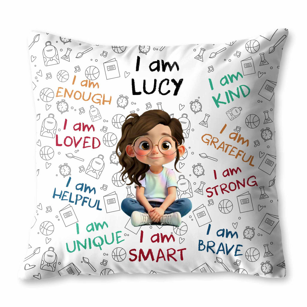 Personalized "I Am Enough, Loved, Brave" Pillow - Custom Cartoon Girl Affirmations Throw Pillow - Birthday Gift for Kids, Daughters - 11