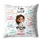 Personalized "I Am Enough, Loved, Brave" Pillow - Custom Cartoon Girl Affirmations Throw Pillow - Birthday Gift for Kids, Daughters - 11