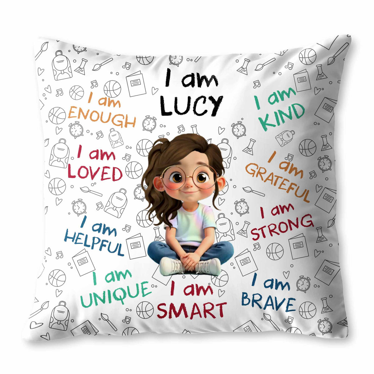 Personalized "I Am Enough, Loved, Brave" Pillow - Custom Cartoon Girl Affirmations Throw Pillow - Birthday Gift for Kids, Daughters - 11