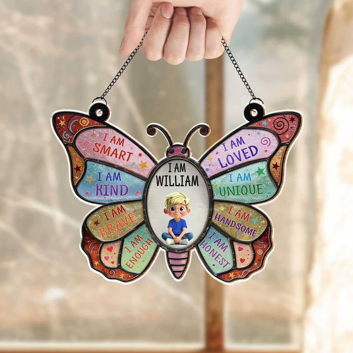 Custom "I Am Smart, I Am Kind" Suncatcher - Personalized Butterfly Affirmations Acrylic Window Hanging Decor - Educational Gift for Kids - 4