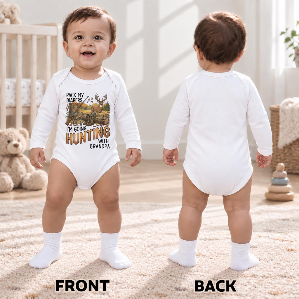 Pack My Diapers Hunting With Grandpa, Personalized Long Sleeve Baby Onesie - 14